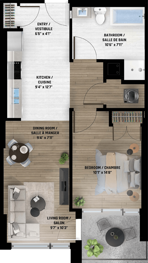 Floor plan for 1 bed, 1 bath, 713 sqft